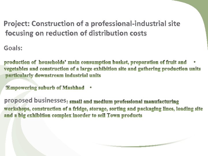 Project: Construction of a professional-industrial site focusing on reduction of distribution costs Goals: production