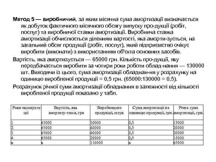 Метод 5 — виробничий, за яким місячна сума амортизації визначається як добуток фактичного місячного