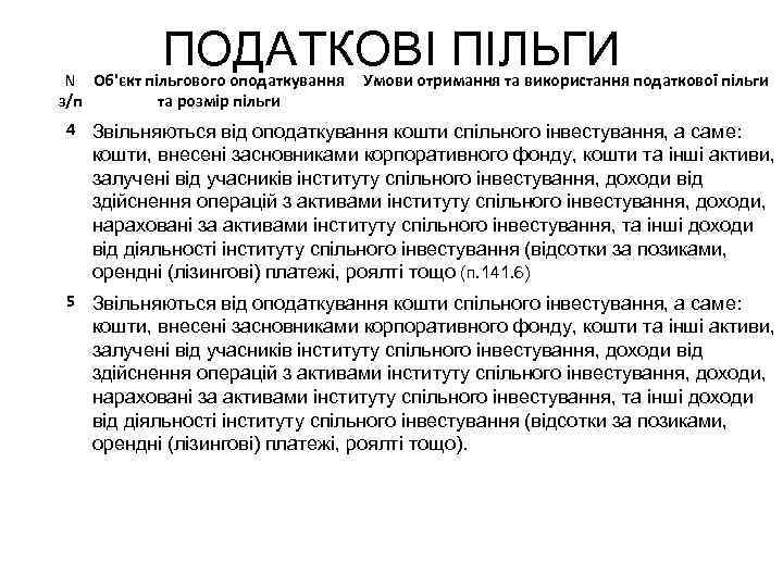 ПОДАТКОВІ ПІЛЬГИ N Об'єкт пільгового оподаткування з/п та розмір пільги Умови отримання та використання