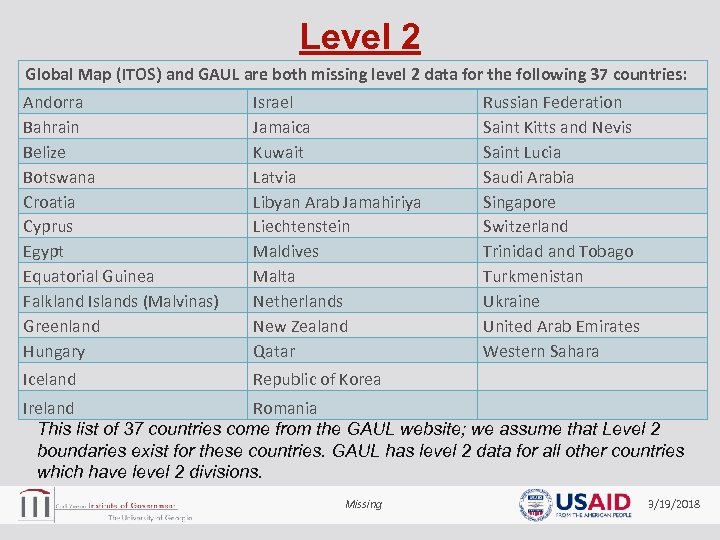 Level 2 Global Map (ITOS) and GAUL are both missing level 2 data for