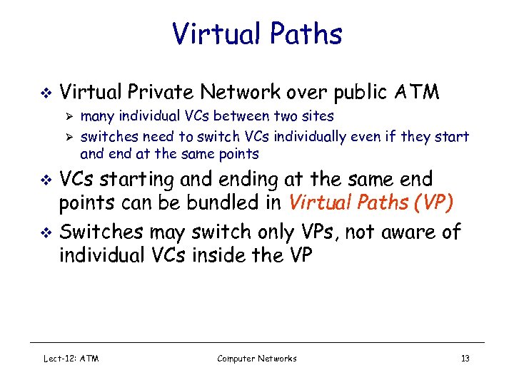 Virtual Paths v Virtual Private Network over public ATM Ø Ø many individual VCs