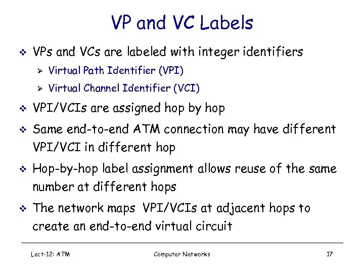 VP and VC Labels v VPs and VCs are labeled with integer identifiers Ø