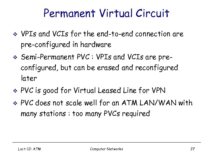 Permanent Virtual Circuit v v VPIs and VCIs for the end-to-end connection are pre-configured