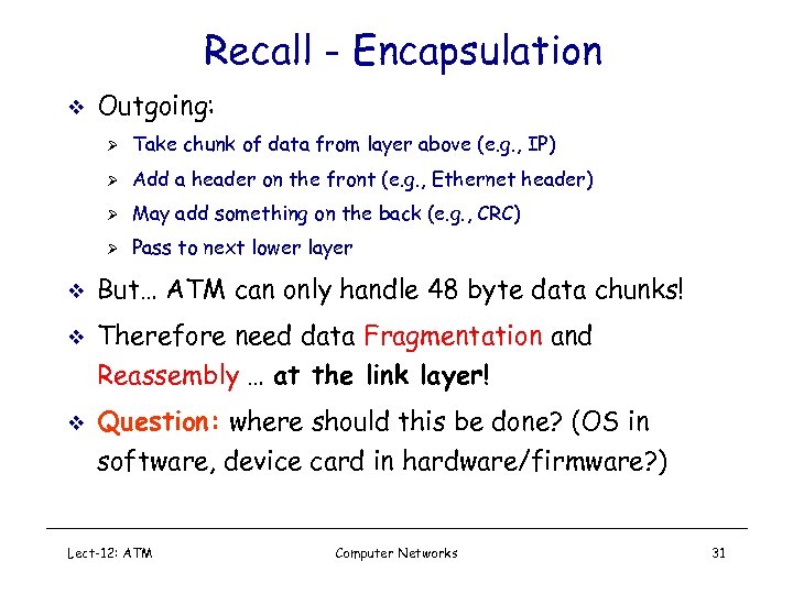 Recall - Encapsulation v Outgoing: Ø Take chunk of data from layer above (e.