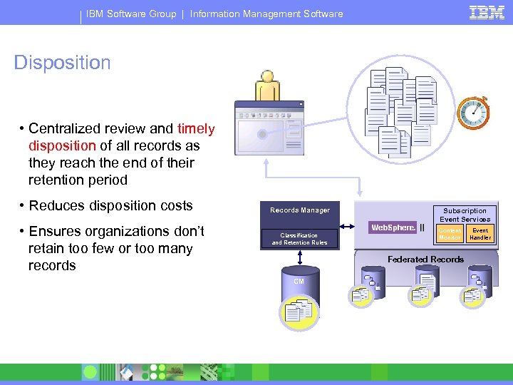 IBM Software Group | Information Management Software Disposition • Centralized review and timely disposition