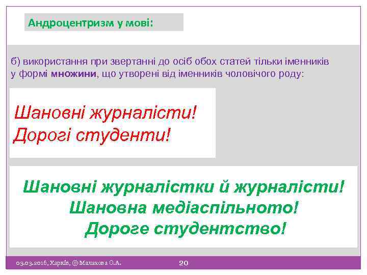 Андроцентризм у мові: б) використання при звертанні до осіб обох статей тільки іменників у