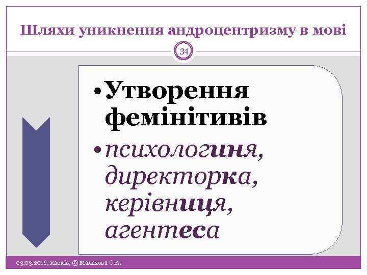 Шляхи уникнення андроцентризму в мові 34 • Утворення фемінітивів • психологиня, директорка, керівниця, агентеса