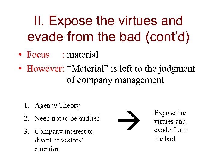 II. Expose the virtues and evade from the bad (cont’d) • Focus : material