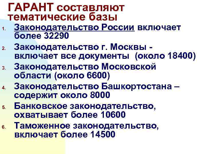 ГАРАНТ составляют тематические базы 1. 2. 3. 4. 5. 6. Законодательство России включает более