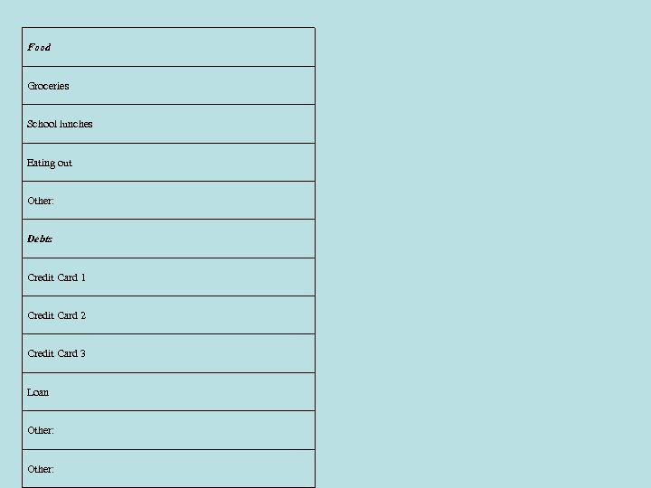 Food Groceries School lunches Eating out Other: Debts Credit Card 1 Credit Card 2