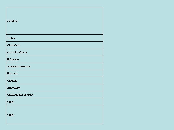 Children Tuition Child Care Activities/Sports Babysitter Academic materials Hair cuts Clothing Allowance Child support