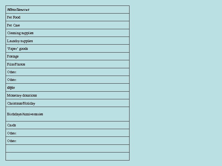 Miscellaneous Pet Food Pet Care Cleaning supplies Laundry supplies ‘Paper’ goods Postage Film/Photos Other: