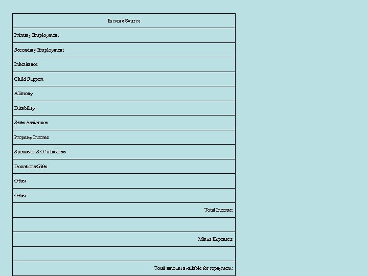 Income Source Primary Employment Secondary Employment Inheritance Child Support Alimony Disability State Assistance Property