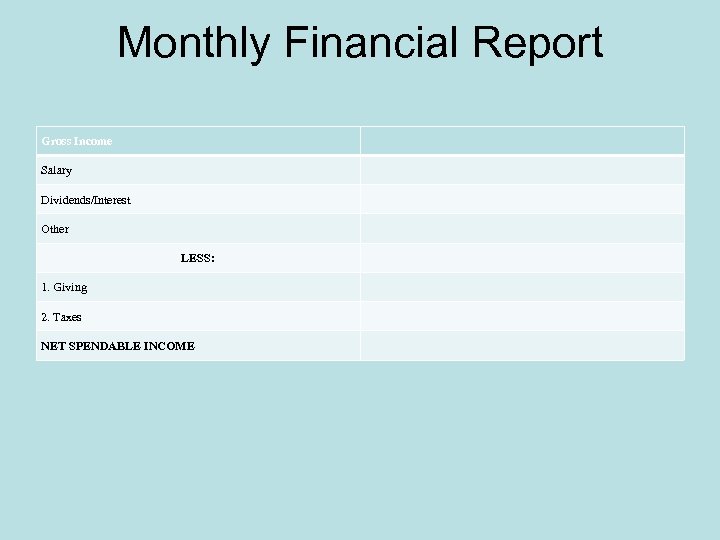 Monthly Financial Report Gross Income Salary Dividends/Interest Other LESS: 1. Giving 2. Taxes NET