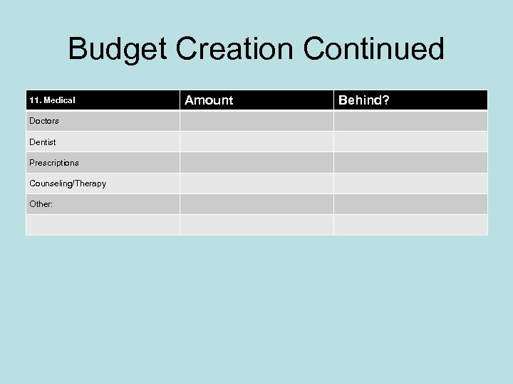 Budget Creation Continued 11. Medical Doctors Dentist Prescriptions Counseling/Therapy Other: Amount Behind? 