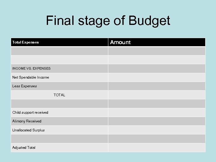 Final stage of Budget Amount Total Expenses INCOME VS. EXPENSES Net Spendable Income Less