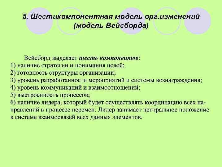 5. Шестикомпонентная модель орг. изменений (модель Вейсборда) 