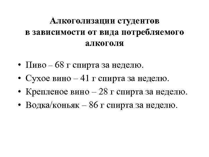 Алкоголизации студентов в зависимости от вида потребляемого алкоголя • • Пиво – 68 г
