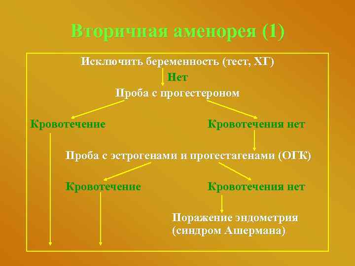 Вторичная аменорея (1) Исключить беременность (тест, ХГ) Нет Проба с прогестероном Кровотечение Кровотечения нет