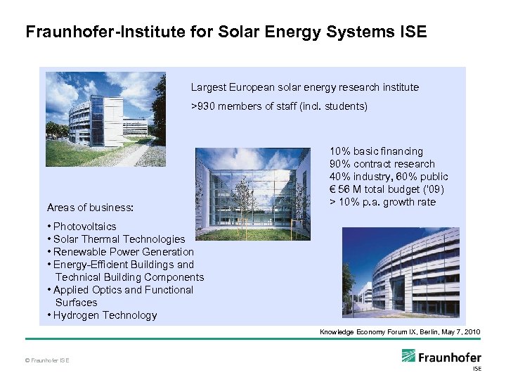 Fraunhofer-Institute for Solar Energy Systems ISE Largest European solar energy research institute >930 members