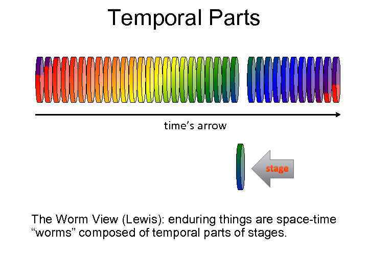 Temporal Parts time’s arrow stage The Worm View (Lewis): enduring things are space-time “worms”