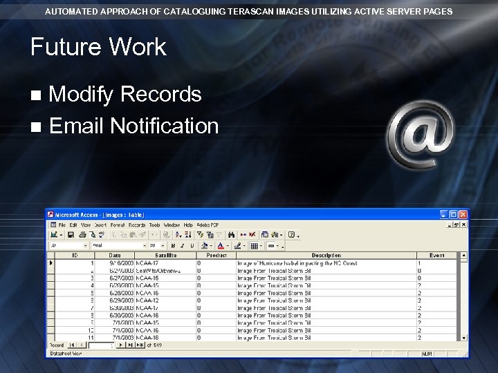 AUTOMATED APPROACH OF CATALOGUING TERASCAN IMAGES UTILIZING ACTIVE SERVER PAGES Future Work Modify Records