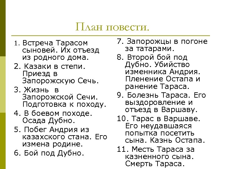 План повести. Встреча Тарасом сыновей. Их отъезд из родного дома. 2. Казаки в степи.