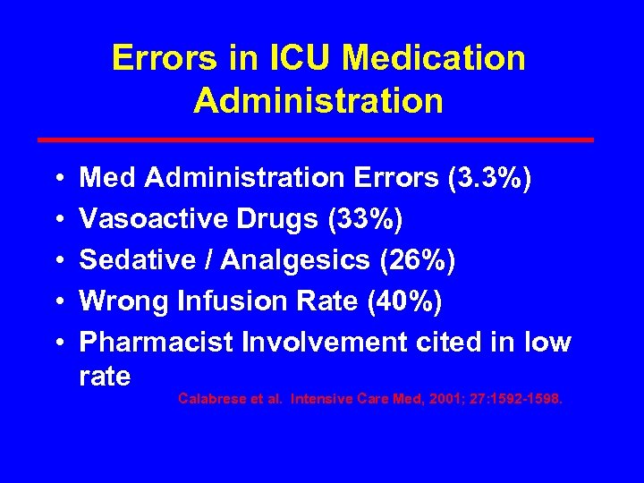Errors in ICU Medication Administration • • • Med Administration Errors (3. 3%) Vasoactive