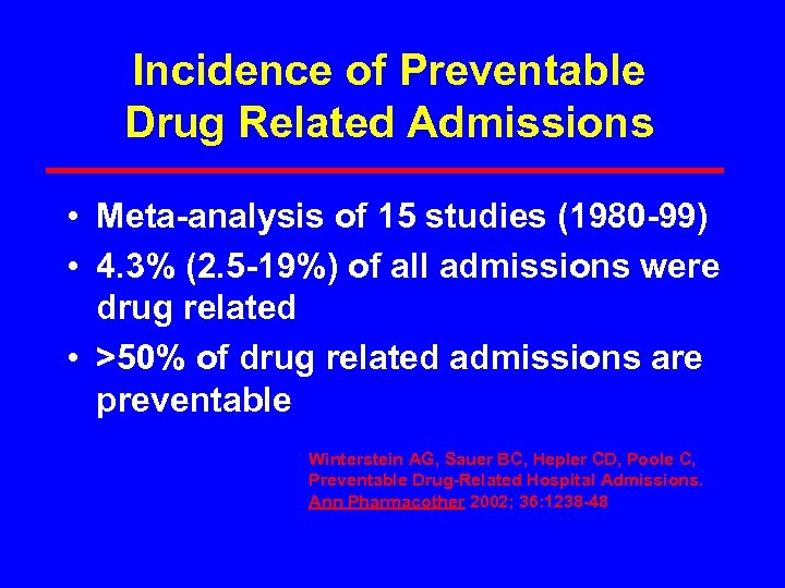 Incidence of Preventable Drug Related Admissions • Meta-analysis of 15 studies (1980 -99) •