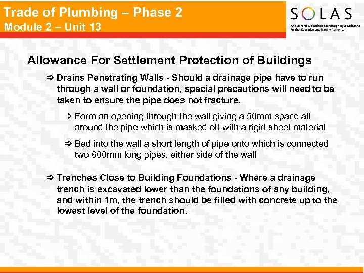 Trade of Plumbing – Phase 2 Module 2 – Unit 13 Allowance For Settlement