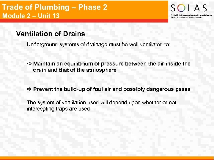 Trade of Plumbing – Phase 2 Module 2 – Unit 13 Ventilation of Drains