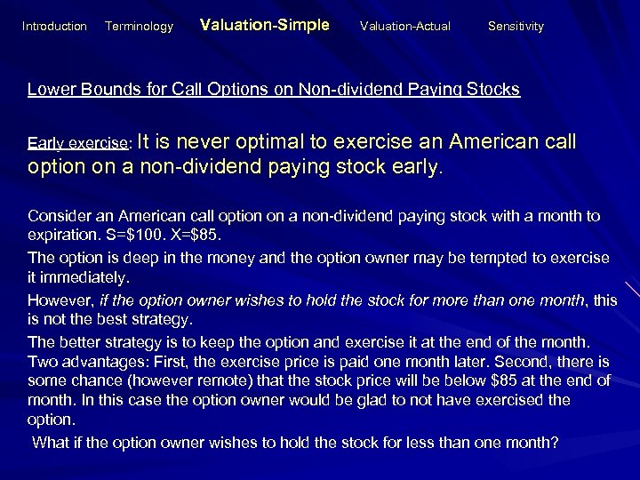 Introduction Terminology Valuation-Simple Valuation-Actual Sensitivity Lower Bounds for Call Options on Non-dividend Paying Stocks