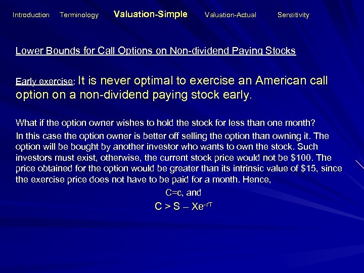 Introduction Terminology Valuation-Simple Valuation-Actual Sensitivity Lower Bounds for Call Options on Non-dividend Paying Stocks