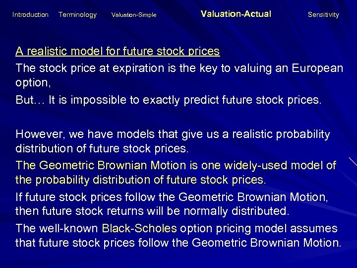 Introduction Terminology Valuation-Simple Valuation-Actual Sensitivity A realistic model for future stock prices The stock