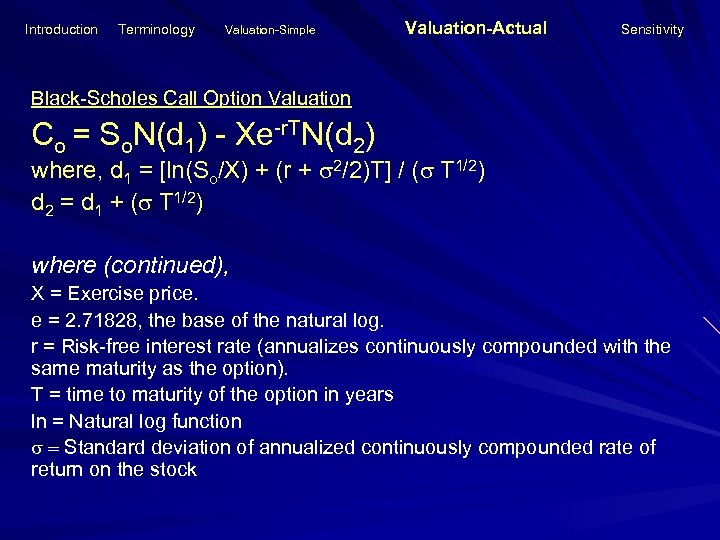 Introduction Terminology Valuation-Simple Valuation-Actual Sensitivity Black-Scholes Call Option Valuation Co = So. N(d 1)