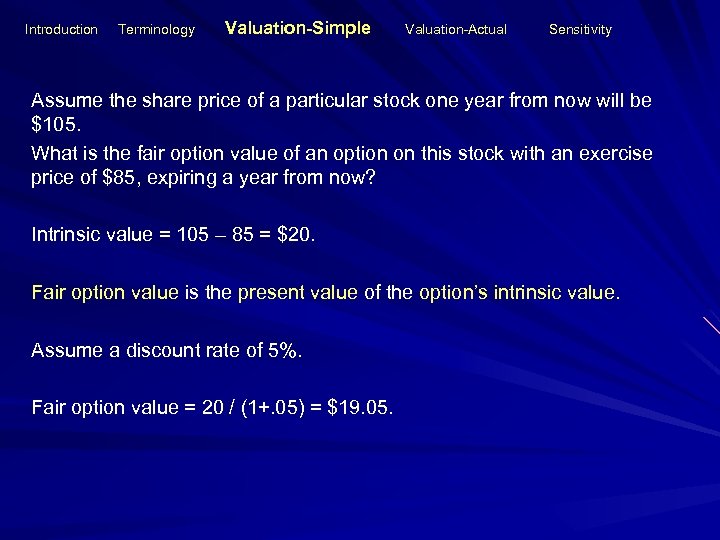 Introduction Terminology Valuation-Simple Valuation-Actual Sensitivity Assume the share price of a particular stock one