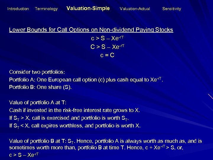 Introduction Terminology Valuation-Simple Valuation-Actual Sensitivity Lower Bounds for Call Options on Non-dividend Paying Stocks