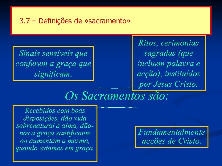 3. 7 – Definições de «sacramento» Sinais sensíveis que conferem a graça que significam.