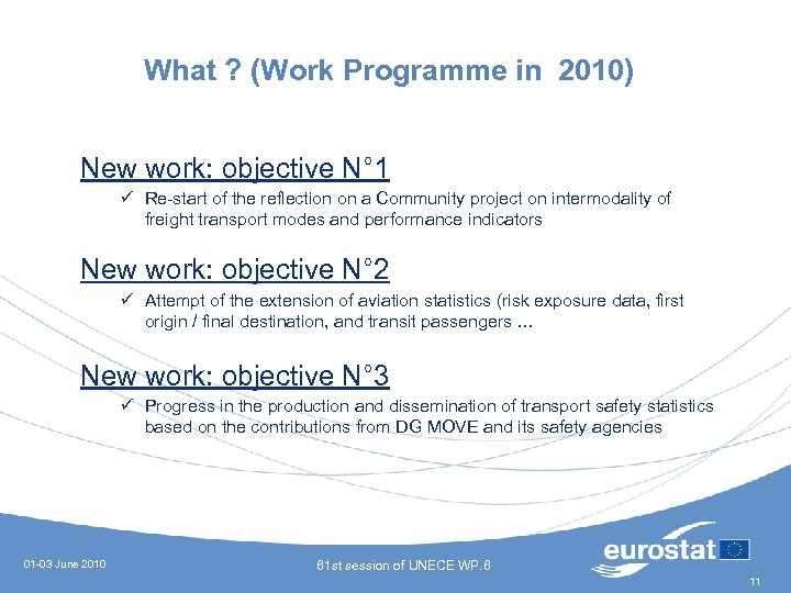 What ? (Work Programme in 2010) New work: objective N° 1 ü Re-start of