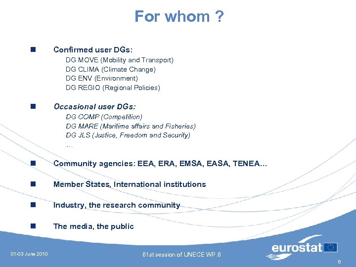 For whom ? n Confirmed user DGs: DG MOVE (Mobility and Transport) DG CLIMA