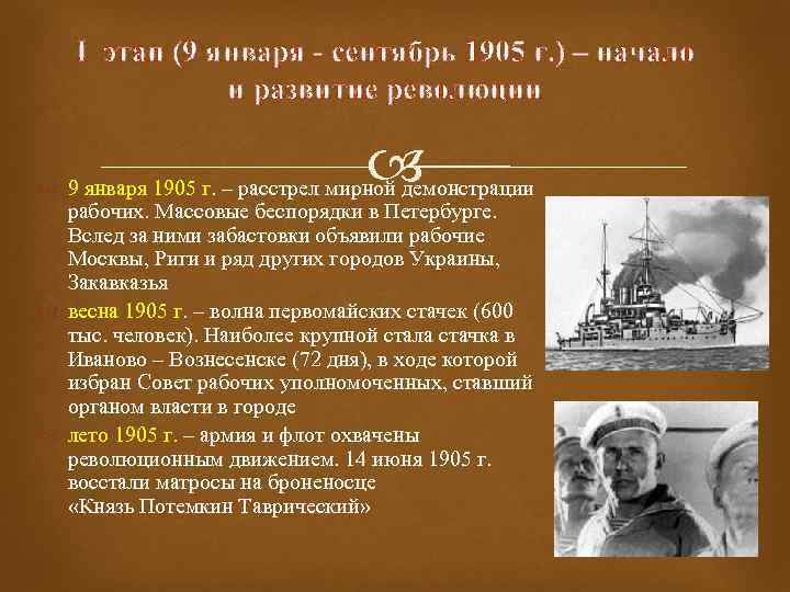 I этап (9 января - сентябрь 1905 г. ) – начало и развитие революции