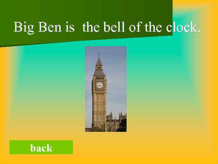 Big Ben is the bell of the clock. back 