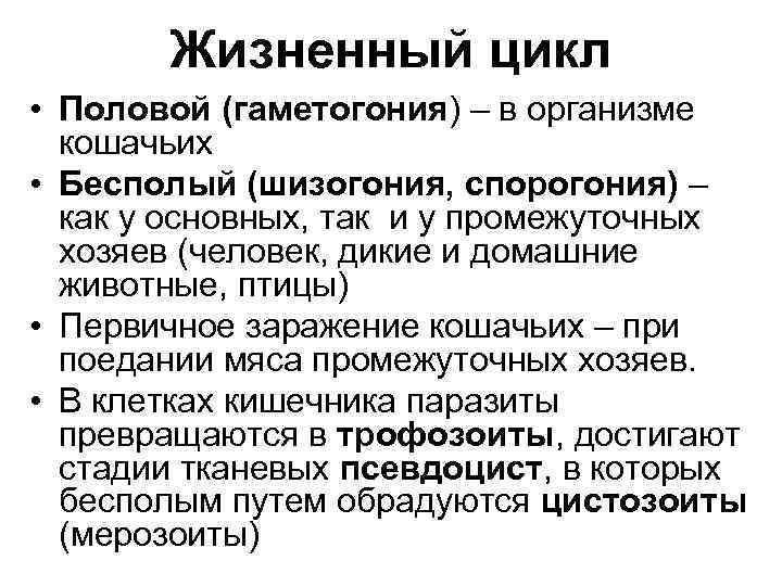 Жизненный цикл • Половой (гаметогония) – в организме кошачьих • Бесполый (шизогония, спорогония) –