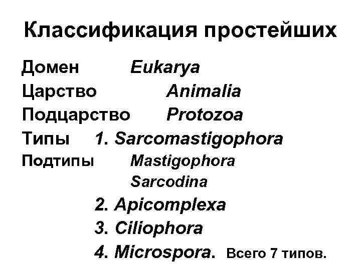 Классификация простейших Домен Eukarya Царство Animalia Подцарство Protozoa Типы 1. Sarcomastigophora Подтипы Mastigophora Sarcodina