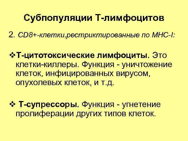 Субпопуляции Т-лимфоцитов 2. CD 8+-клетки, рестриктированные по МНС-I: v. Т-цитотоксические лимфоциты. Это клетки-киллеры. Функция