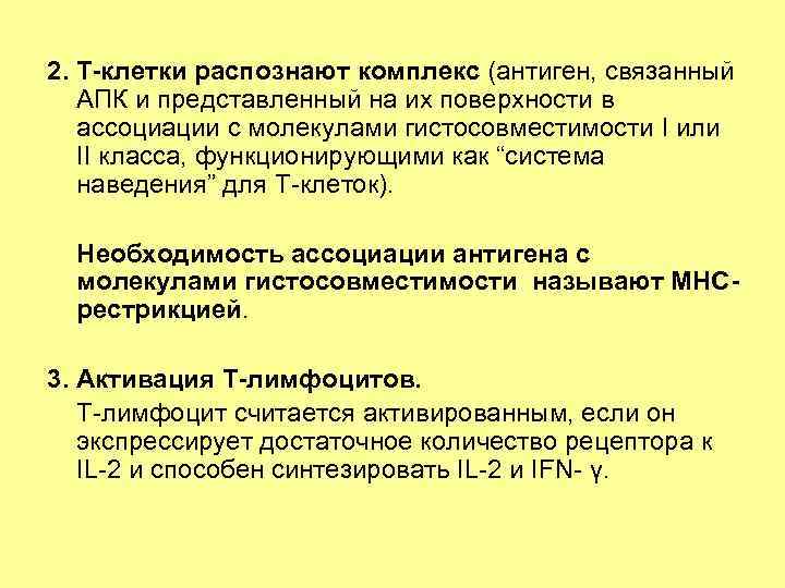 2. Т-клетки распознают комплекс (антиген, связанный АПК и представленный на их поверхности в ассоциации