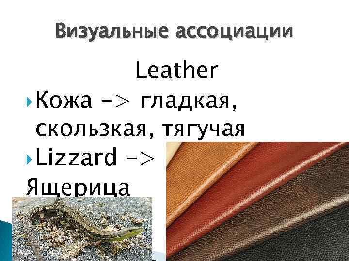 Визуальные ассоциации Leather Кожа -> гладкая, скользкая, тягучая Lizzard -> Ящерица 