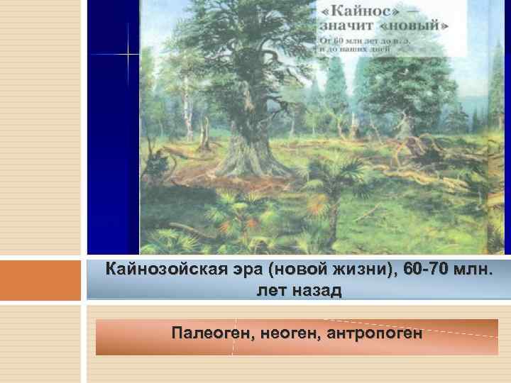 Кайнозойская эра (новой жизни), 60 -70 млн. лет назад Палеоген, неоген, антропоген 