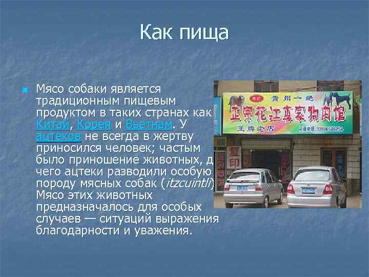 Как пища n Мясо собаки является традиционным пищевым продуктом в таких странах как Китай,