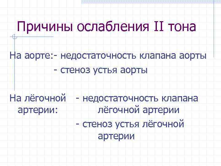 Причины ослабления ІІ тона На аорте: - недостаточность клапана аорты - стеноз устья аорты